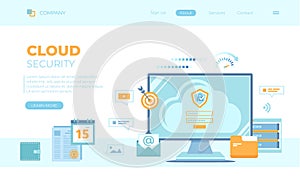 Cloud Security, Cloud Computing, Data Protecting, Secure data exchange. Monitor screen with sign form, login and password, server.