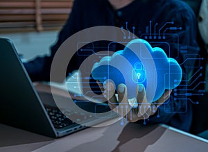 Cloud security and cloud computing concept. Protected data storage icon and digital network interface. Secure SaaS platform,