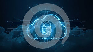 Cloud security concept with glowing digital padlock and circuit board patterns protecting data