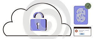 Cloud Security Concept with Lock, Fingerprint Authentication, and Access Verification