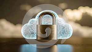 Cloud security concept with padlock and digital clouds representing data protection and cybersecurity in cloud computing