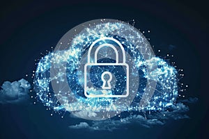Cloud Security, Data Protection, Network Security with Padlock Icon on Blue. Technology Concept.