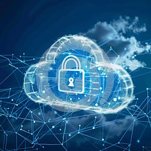 Cloud Security, Data Protection and Privacy Concept A Padlock Icon on Blue Digital Background