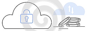 Cloud Security and Data Storage with Lock Icon and Stacked Coins