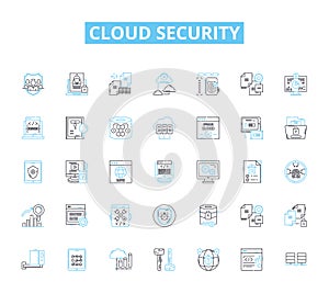 Cloud security linear icons set. Encryption, Compliance, Authentication, Cybersecurity, Firewall, Vulnerability, Audit