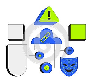 Cloud security system with alert and blank geometric shapes 2D cartoon objects set