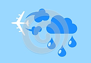 Cloud seeding and rainmaking - plane and airplane is making artificial rain and precipitation on the blue sky