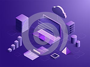 Cloud server connect with laptop, binary coding on screen, with