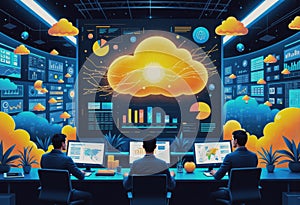 Cloud server interface displayed on a large screen with vibrant graphics