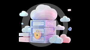 Cloud server stack secured with padlock, data protection and security concept