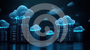 Cloud servers with vibrant data streams, futuristic 3D illustration of digital storage and technology