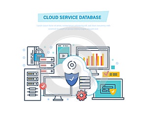 Cloud service database. Computing, network. Data storage device, media server.
