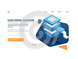 Cloud service icon, banner remote data storage and backup system, server room, datacenter and database isometric vector