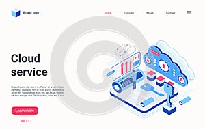 Cloud service isometric landing page, internet hosting provider abstract workflow process