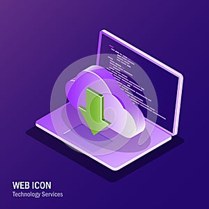 Cloud service isometric web icon. Process of synchronizing data between cloud storage and a laptop. Ultravioelt illustration.