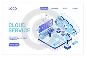 Cloud service landing page isometric vector template. Programmer synchronizing personal information. Database storage