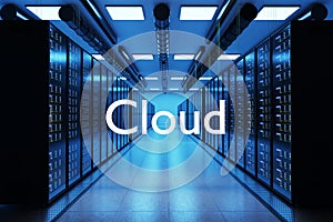 Cloud service logo in large modern data center with multiple rows of server racks, 3D Illustration