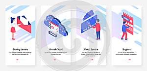 Cloud service support, virtual storage UX, UI onboarding mobile app page screen set