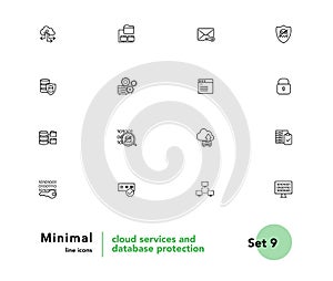 Cloud services and database protection vector linear icons set