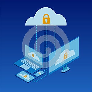 Cloud services Isometric concept design, flat icon, data server, high security protection cloud service connected with smartphone