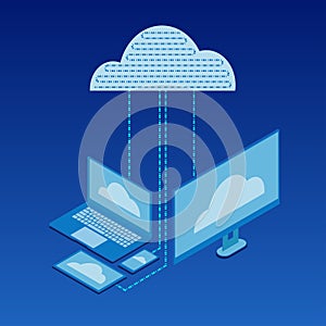 Cloud services Isometric flat icon design style modern, high data server, safety cloud service connected with smartphone, tablet