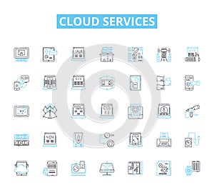 Cloud services linear icons set. Integration, Scalability, Accessibility, Reliability, Security, Efficiency, Flexibility