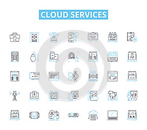 Cloud services linear icons set. Integration, Scalability, Accessibility, Reliability, Security, Efficiency, Flexibility