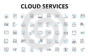 Cloud services linear icons set. Integration, Scalability, Accessibility, Reliability, Security, Efficiency, Flexibility