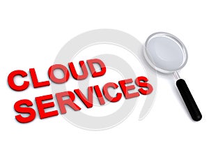 Cloud services with magnifying glass on white