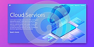 Cloud services technology, computing files with smartphone isometric concept.Web template design.vector illustration