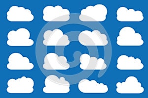 Cloud set icon in flat style. White clouds element. Weather symbol. Vector isolated on blue background.