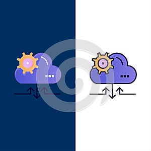 Cloud, Setting, Gear, Arrow  Icons. Flat and Line Filled Icon Set Vector Blue Background