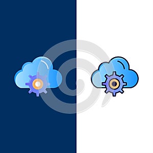 Cloud, Setting, Gear, Computing  Icons. Flat and Line Filled Icon Set Vector Blue Background