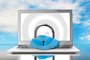 Cloud shape locker and laptop with blue sky