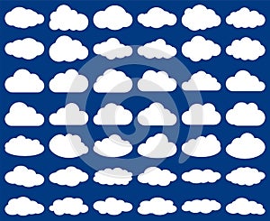 Cloud shape. Vector set of clouds silhouettes isolated on blue