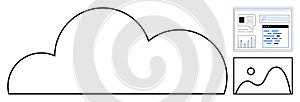 Cloud shape with web interface, analytics dashboard, and image representation