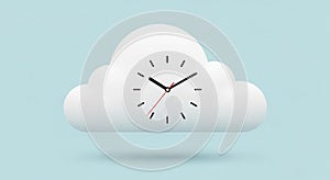 Cloud-shaped clock illustration on a light blue background. The cloud is white with