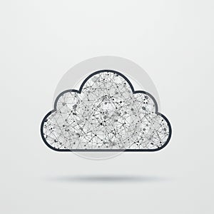 Cloud-shaped digital network design featuring interconnected nodes and lines within