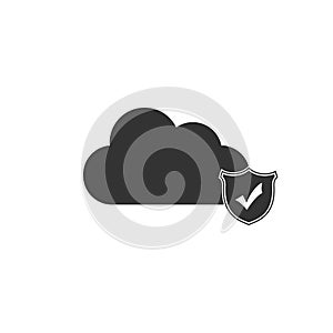 Cloud and shield with check mark icon isolated. Cloud storage data protection. Security, safety, protection, privacy