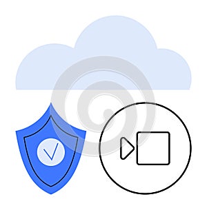 Cloud storage with security shield and video icon representing data safety and multimedia access