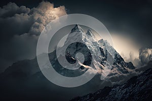 Cloud-shrouded mountain majesty. AI generated