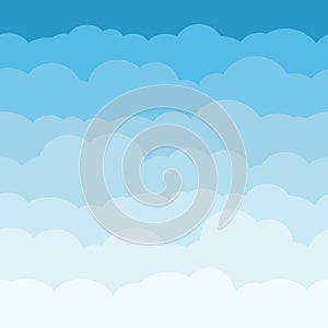 Cloud sky cartoon background. Blue sky with white clouds flat poster or flyer, cloudscape panorama pattern vector. Seamless