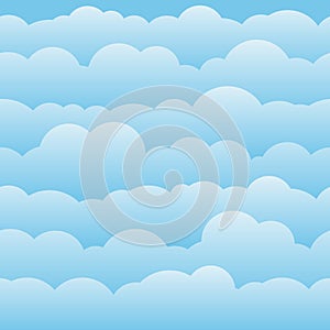 Cloud sky cartoon background. Blue sky with white clouds flat poster or flyer, cloudscape panorama pattern vector. Seamless