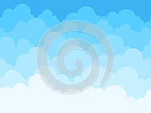 Cloud sky cartoon background. Blue sky with white clouds flat poster or flyer, cloudscape panorama pattern vector