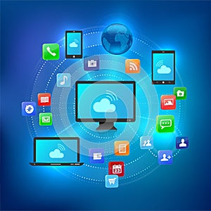 Cloud solution concept with different devices and icons