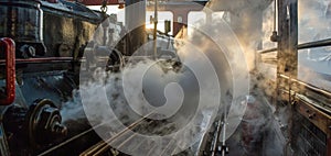 A cloud of steam surrounds the marine diesel engine as it cranks to life after being started photo