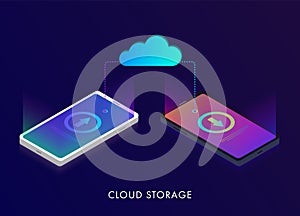 Cloud storage 3d isometric flat design, data transfers on Internet cloud technology from gadget to gadget. Vector illustration.