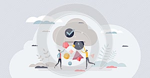 Cloud storage access as data upload to server database tiny person concept