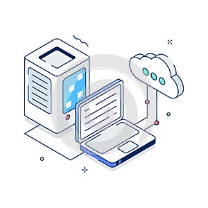 Cloud based data storage system with server and device connectivity trendy isometric illustration