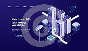 Cloud storage, big urban city isometric icon, server room database, data center, server rack dark neon